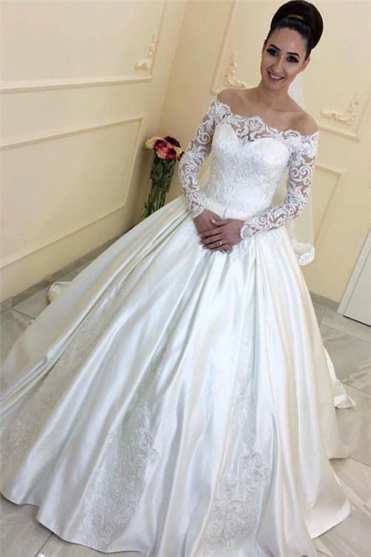 A-line Lace Long-Sleeves Sweep Train Off-the-Shoulder Wedding Dresses