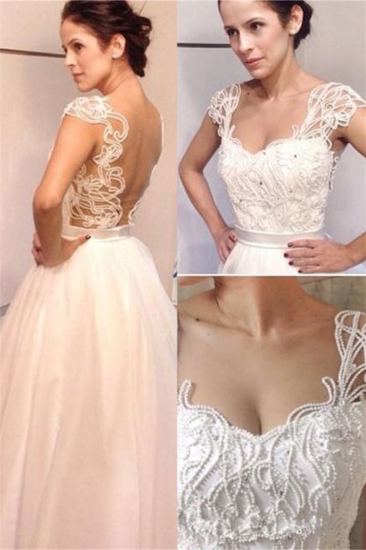 New Arrival Vintage White A-line Floor Length Pearls Backless Straps Wedding Dresses