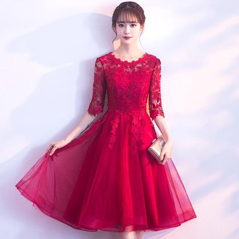 Knee-Length Lace Appliques Elegant Half-Sleeves Cheap Homecoming Dresses