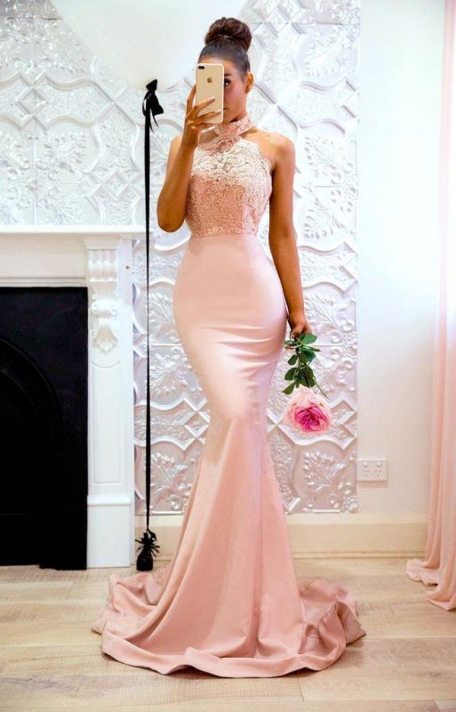 Elegant Pink Mermaid Bridesmaid Dresses | High Neck Lace Formal Dresses