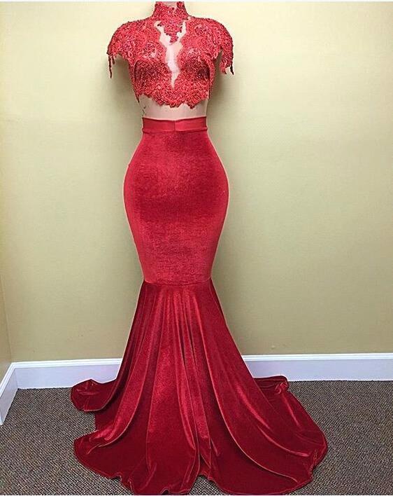 Mermaid Velvet Popular Red Cap-Sleeves Lace High-Neck Prom Dress