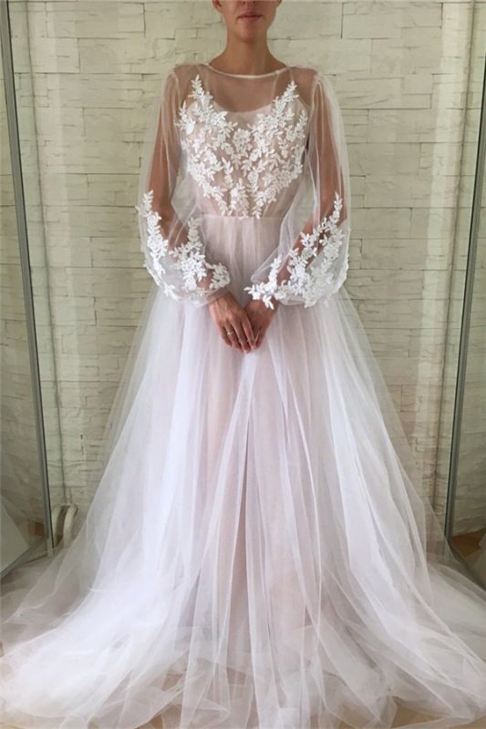 Applique Jewel Flare-long-sleeve With-slip A-line Wedding Dress