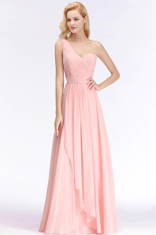 Ruffled One-Shoulder Pink Zipper Floor-length Sleeveless Modest Bridesmaid Dress