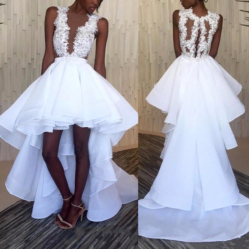 Sleeveless Ruffles Lace Hi-Lo White Appliques Wedding Dresses