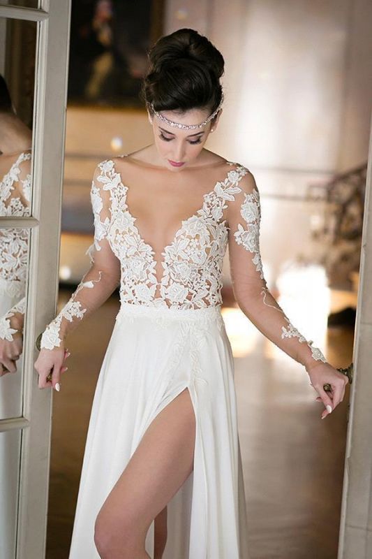 Sheer Tulle Long Sleeves Appliques Wedding Dresses Side Slit Bridal Gowns
