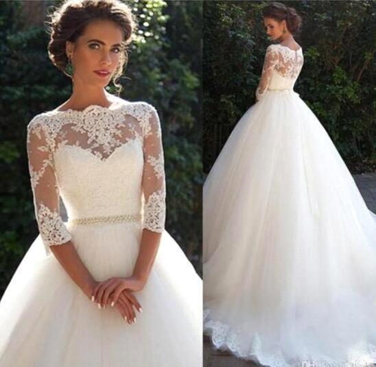 Fall Elegant Half Long Sleeves Bridal Ball Gown Lace Wedding Dresses