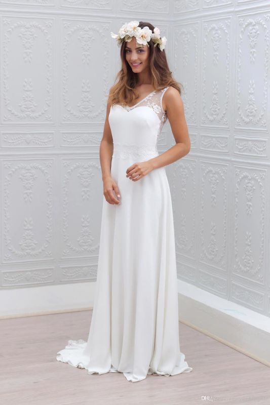 Summer Beach A-line Wedding Dresses | White Lace Chiffon Bowknot Bridal Gowns