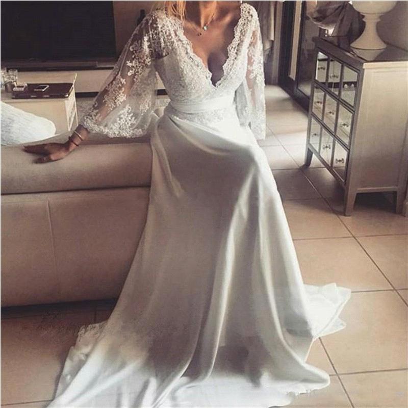 2021 Lace A-Line V-Neck Long Sexy Wedding Dresses