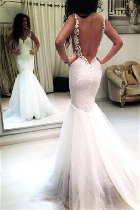 Tulle Appliques Mermaid Sexy Open-Back Sleeveless Wedding Dresses