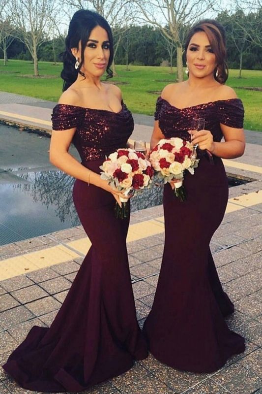2021 Sexy Off-The-Shoulder Mermaid Long Sleeves Short Sequins Prom Dress