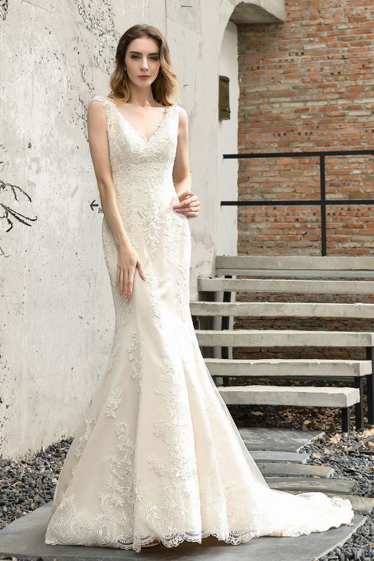 Cheap Long Lace Wedding Dresses Backless Floor Length Straps Online
