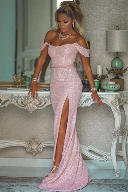 Beading Side-slit Sequin Sheath Floor-length Sash Pink Off-the-shoulder Prom Dress