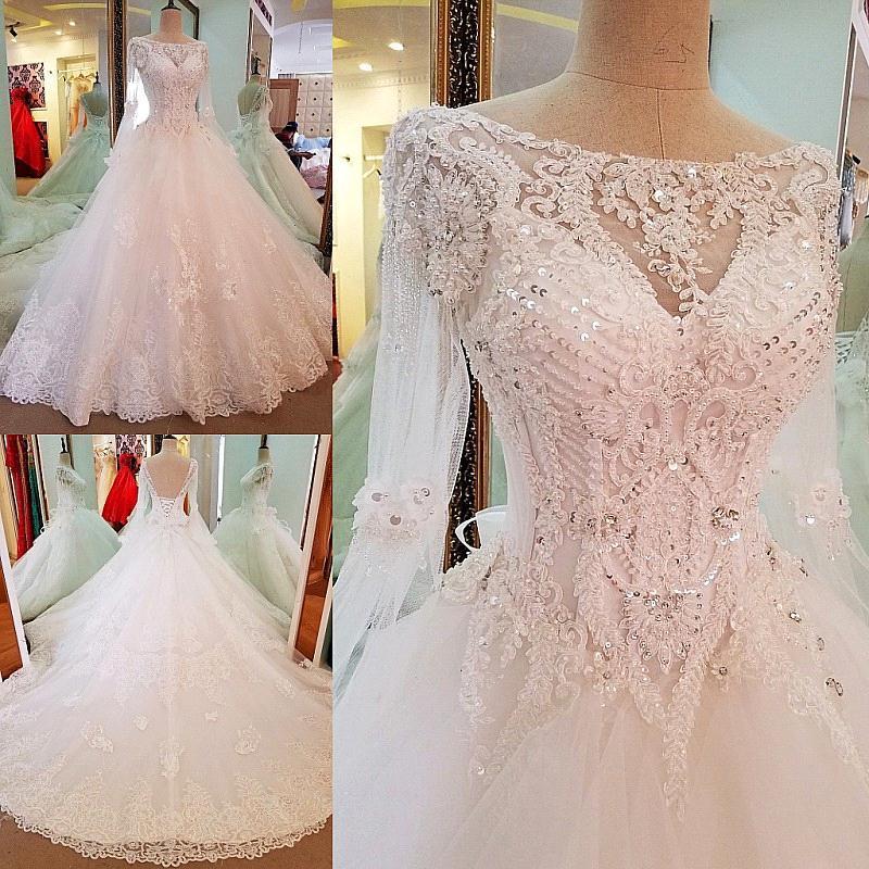 A-line Sequins Sweep Train Long-Sleeves Lace Wedding Dresses
