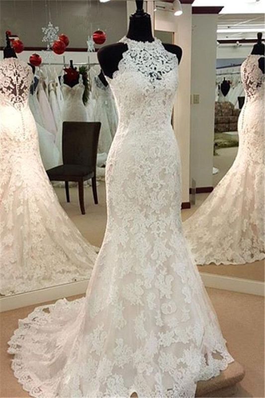 Elegant Mermaid Wedding Dresses | High Neck Lace Sleeveless Bridal Dresses