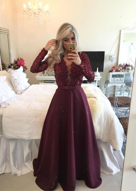 Sexy Burgundy Beadings Prom Dress A-Line Long Sleeves Lace Evening Gowns