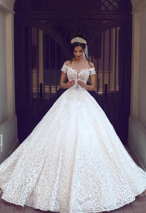 Gorgeous New Long Lace 2021 Off-the-Shoulder Short-Sleeve Wedding Dresses