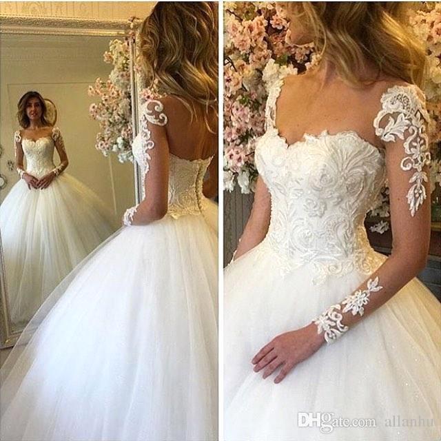 Long-Sleeves Lace-up Luxury Ball-Gown Lace Wedding Dresses