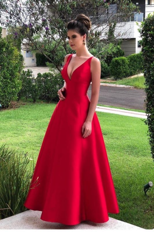 A-line Ruffles Strap Floor-length backless Red Prom Dress