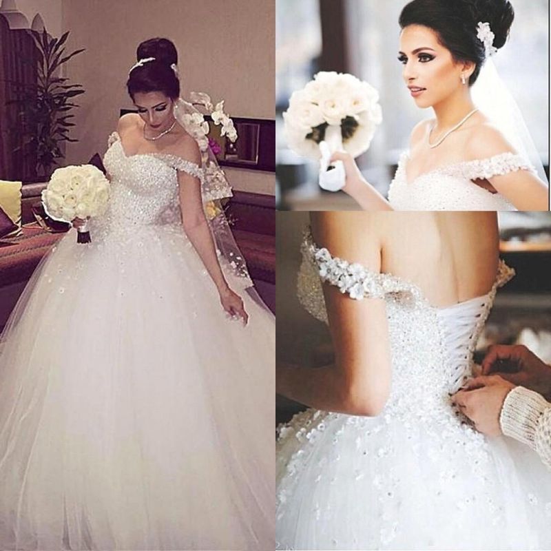2021 Off-the-shoulder Beading Appliques Ball-Gown Unique Lace-up Wedding Dress