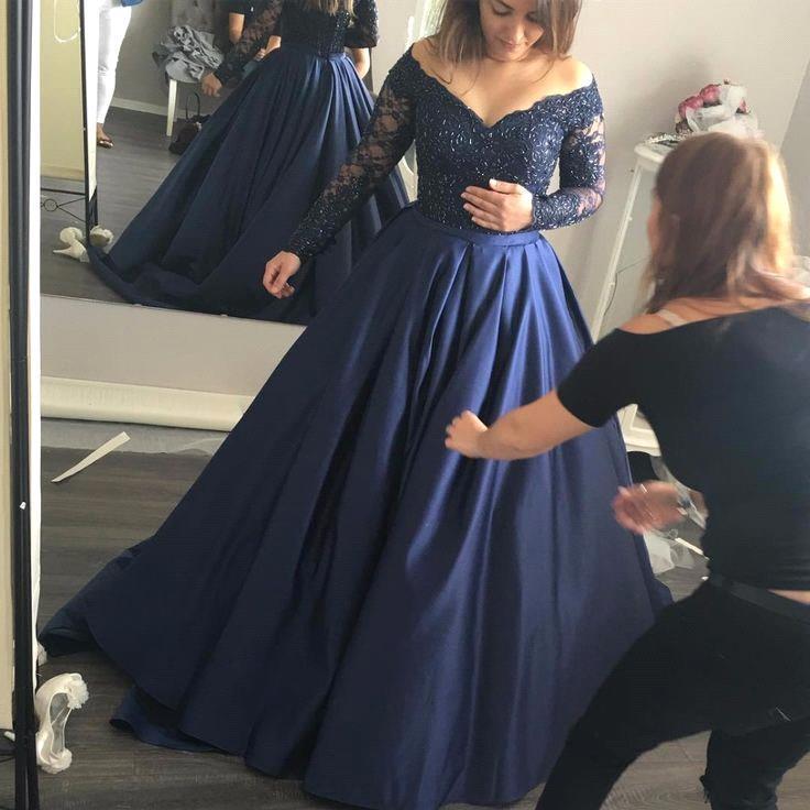 Navy-Blue Elegant Lace Long-Sleeves Off-the-Shoulder Prom Dress