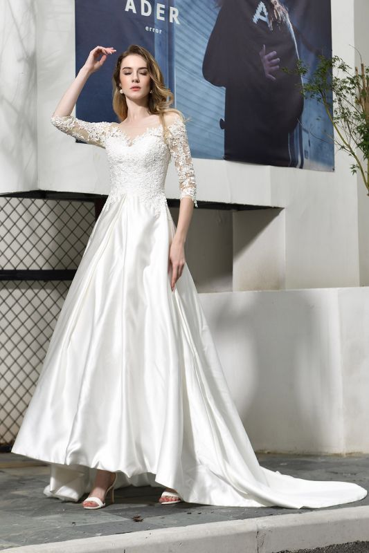 Cheap Lace Half Sleeves V Neck Wedding Gowns Satin with Train