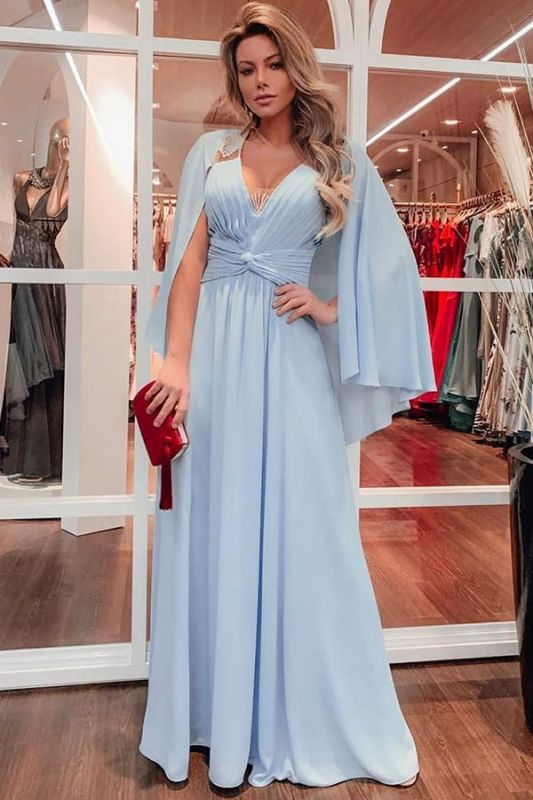 Blue Ruffles V-neck Floor-length A-line Prom Dresses With-Cape