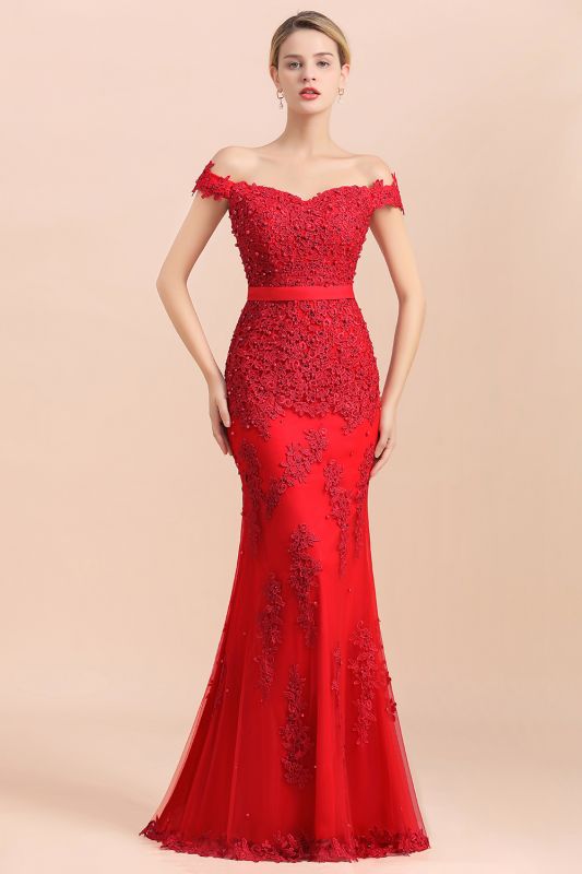 Off-the-shoulder Floor-Length Backless Mermaid Lace Sweetheart Red Beading Evening Dresses