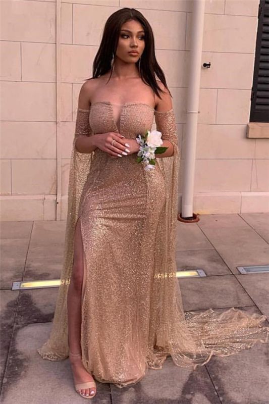 Gold Sequin Off-the-shoulder Site-slit Long-sleeve Sheath Prom Dresses