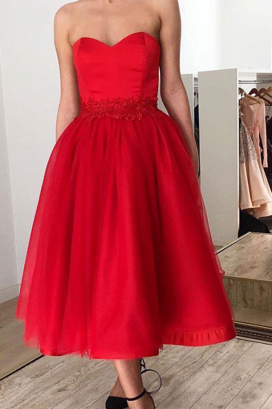 Red Lace Sleeveless Applique Sweetheart A-line Tea-length Prom Dresses