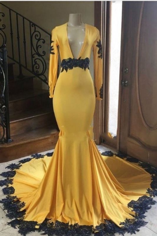 Mermaid Applique Long-sleeve Charming Deep-v-neck Yellow Prom Dress