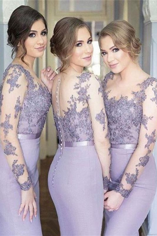 Popular Illusion Buttons Lavender Appliques Mermaid Lace Long-Sleeve Cheap Bridesmaid Dress