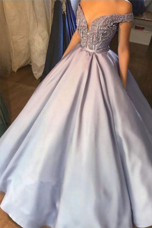 Beading A-line Sweetheart Off-the-shoulder Gray Applique Prom Dress