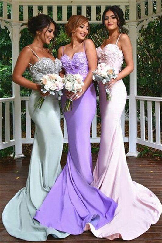Elegant Long 3D-Floral-Appliques Mermaid Spaghettis-Straps Bridesmaid Dresses