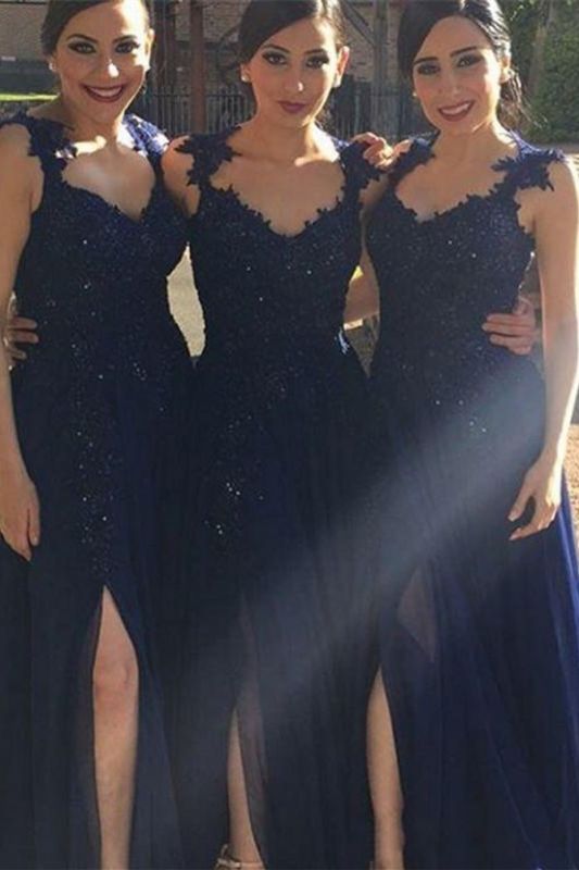 Navy Blue Lace Appliques Side-Slit Chiffon A-line Bridesmaid Dresses