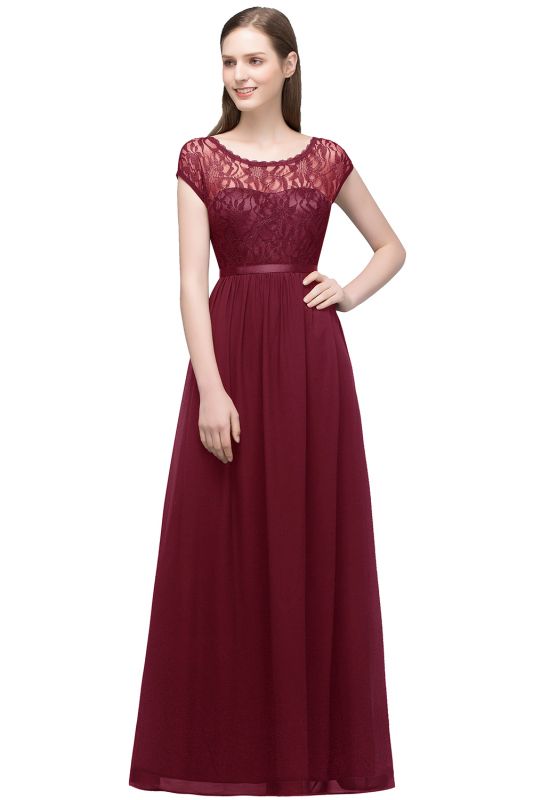 Lace Sleeves Short Floor-length Bridesmaid A-line Dresses with Sash
