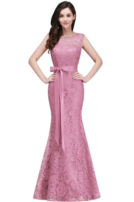 Floor-Length Burgundy Lace Sleeveless Bowknot-Sash Mermaid Prom Dresses