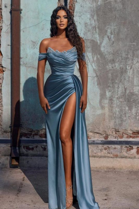 Long Mermaid Off-the-Shoulder Satin Prom Dress Side Slit with Detachable Tail
