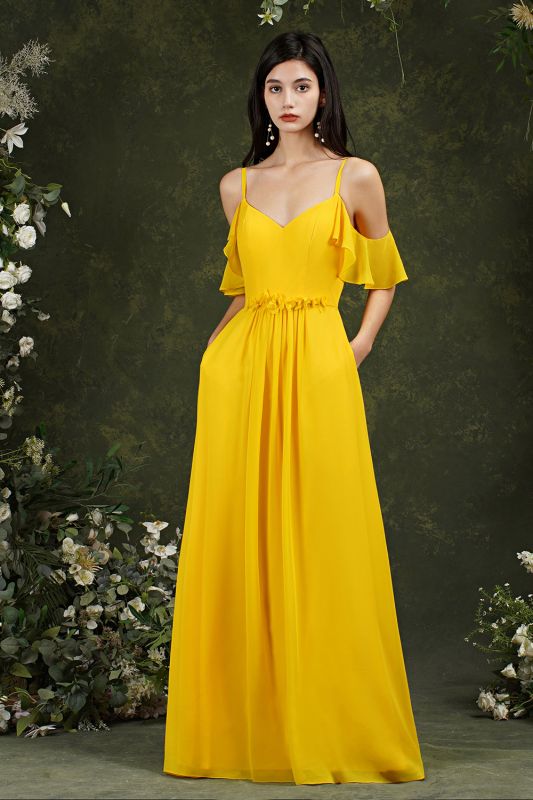 Charming Yellow Sweetheart Spaghetti Straps A-Line Backless Bridesmaid Dress With Pockets