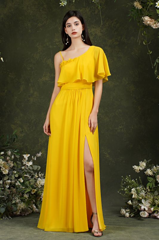 Unique Yellow Spaghetti Straps Flower A-line Split Bridesmaid Dress With Pockets