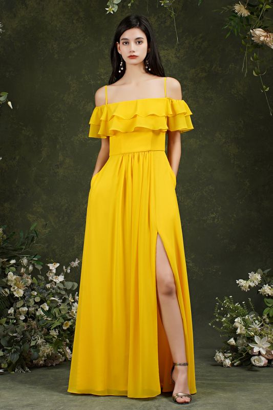 Classy Yellow A-line Split Spaghetti Straps Ruffles Split Backless Bridesmaid Dress
