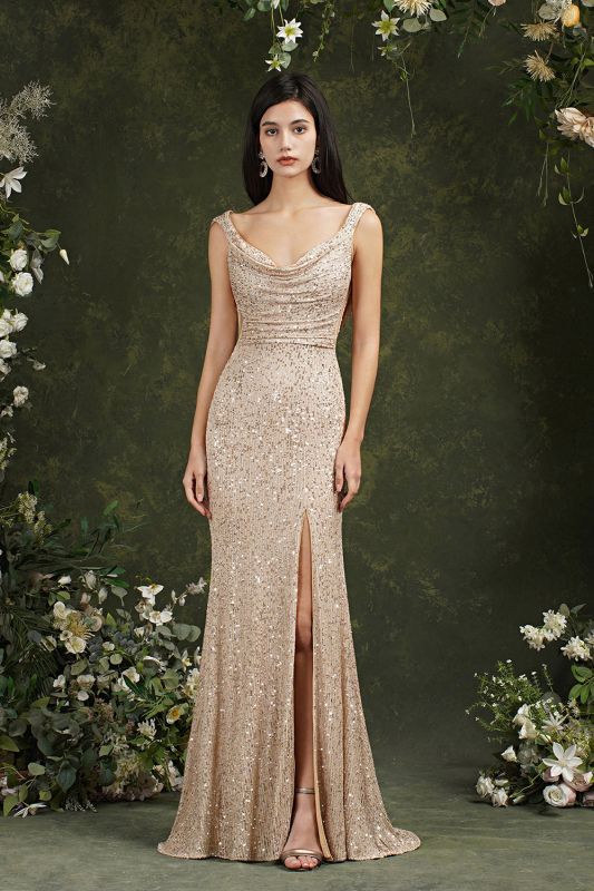 Shiny Scoop Neck Backless Sequins Mermaid Bridesmaid Dress With Side Slit