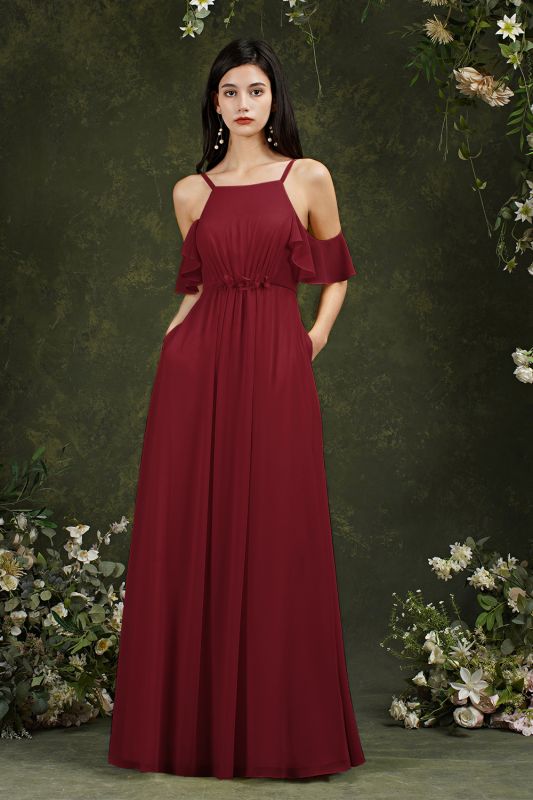 Stunning A-Line Off-the-Shoulder Chiffon Ruffles Bridesmaid Dress With Pockets