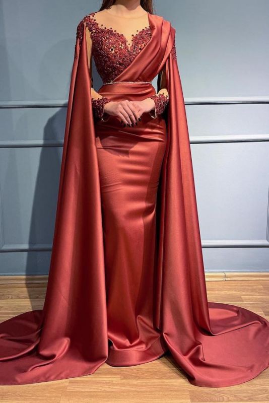 Elegant Red Bateau Mermaid Long Sleeves Stretch Satin Prom Dress with Appliques