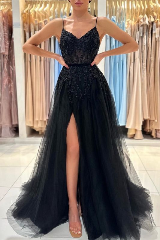 Chic Black Spaghetti Straps Beading A-Line Tulle Prom Dress