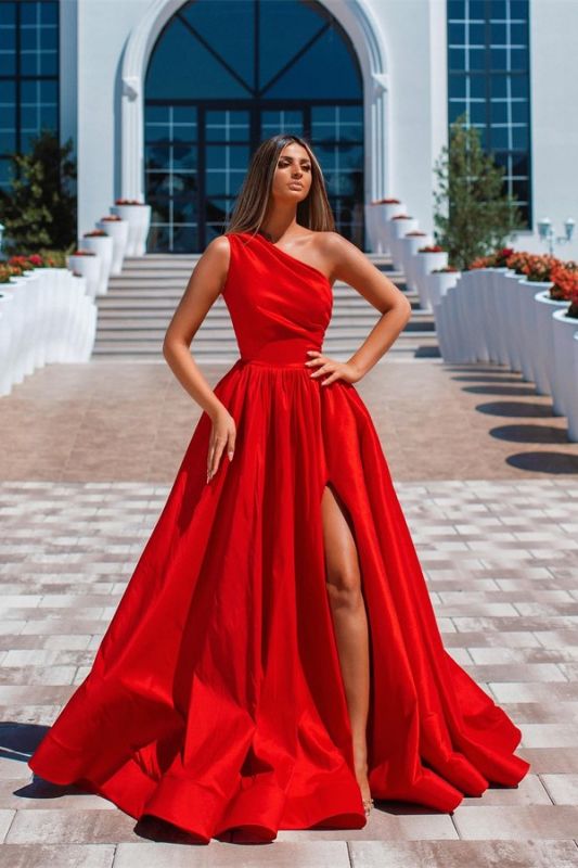 Gorgeous Red Asymmetrical One Shoulder A-Line Floor Length Stretch Satin Prom Dress with Ruffles