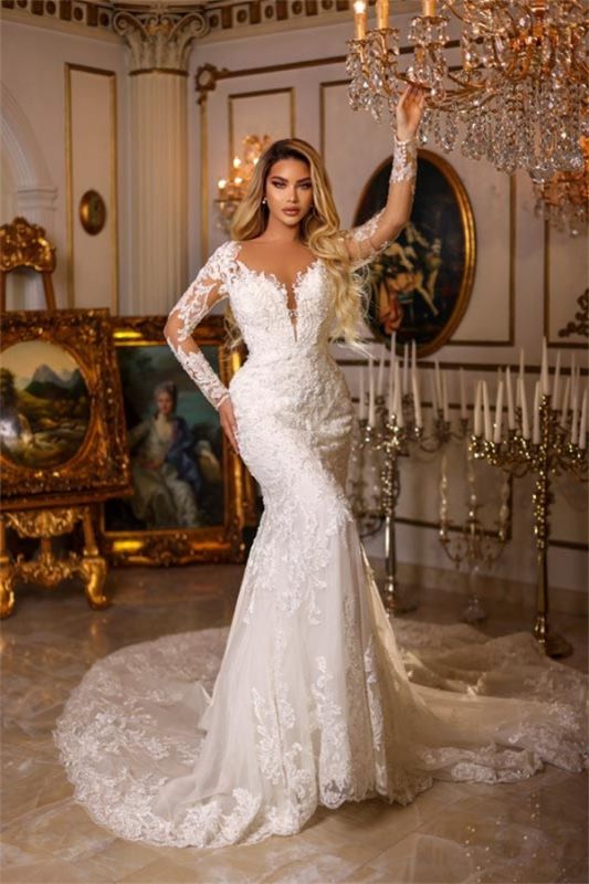 Gorgeous A-line Sweetheart Mermaid Long Sleeves Lace Wedding Dress with Train