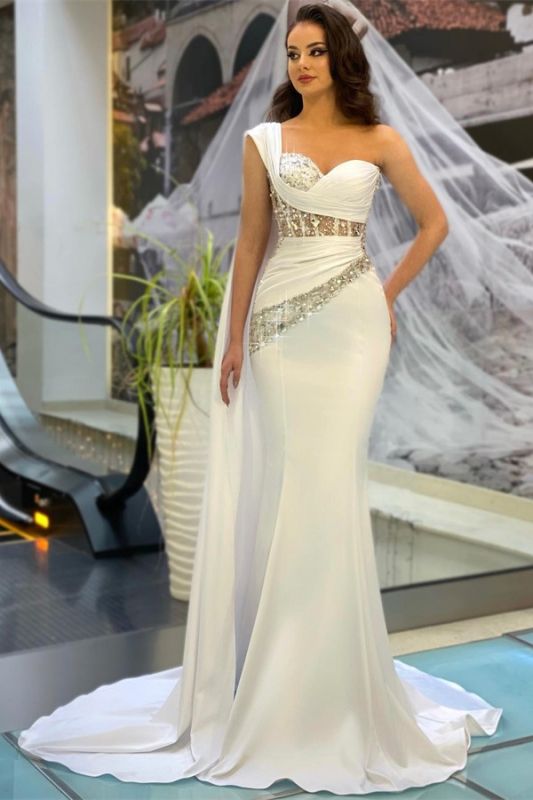 Chic White One Shoulder Sequins Mermaid Stretch Satin Prom Dress