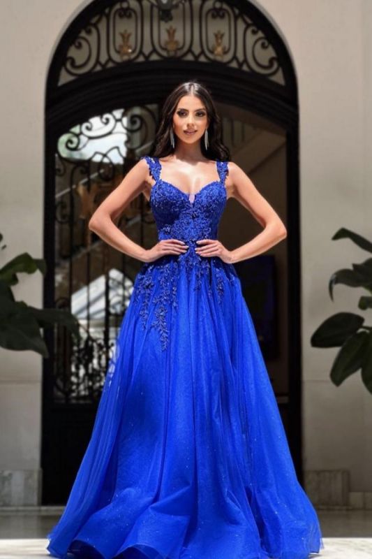 Royal Blue A-Line Straps Sleeveless Tiered Prom Dress with Appliques