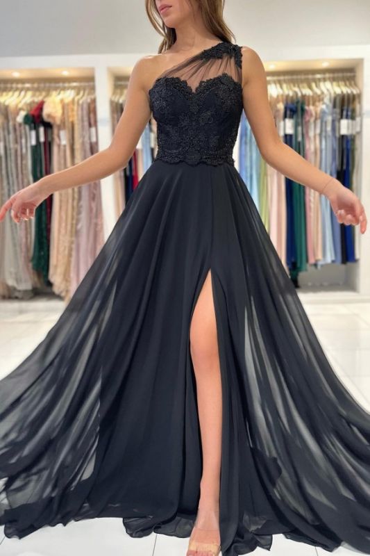 Black One Shoulder Front-Slit Chiffon Prom Dress with Ruffles