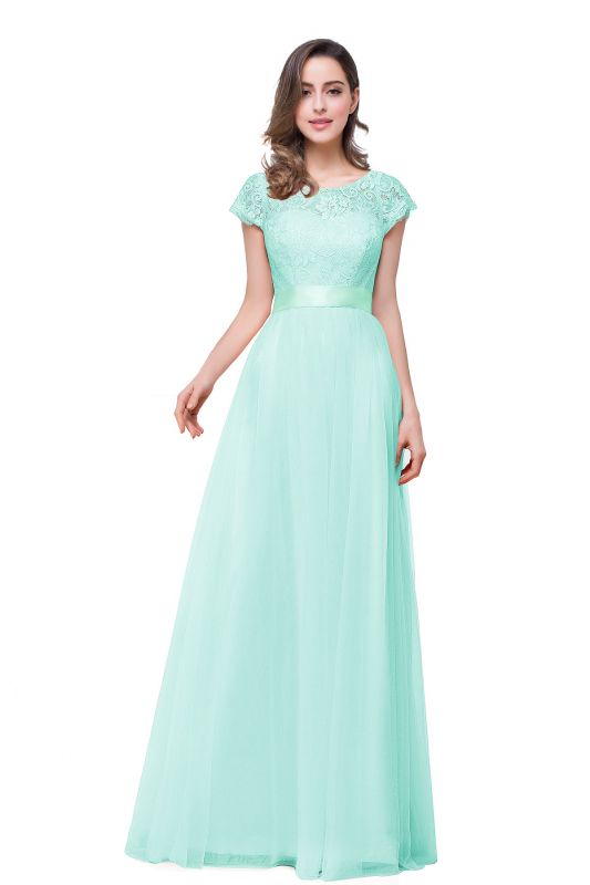 Short-Sleeves Elegant Open-Back Lace Bowknot A-Line Evening Dress